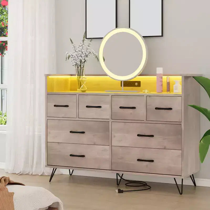 COZONY Dresser TV Stand 8-Drawer Wooden Entertainment Center with LED Light Charging Station Wide Storage for Bedroom Living Room