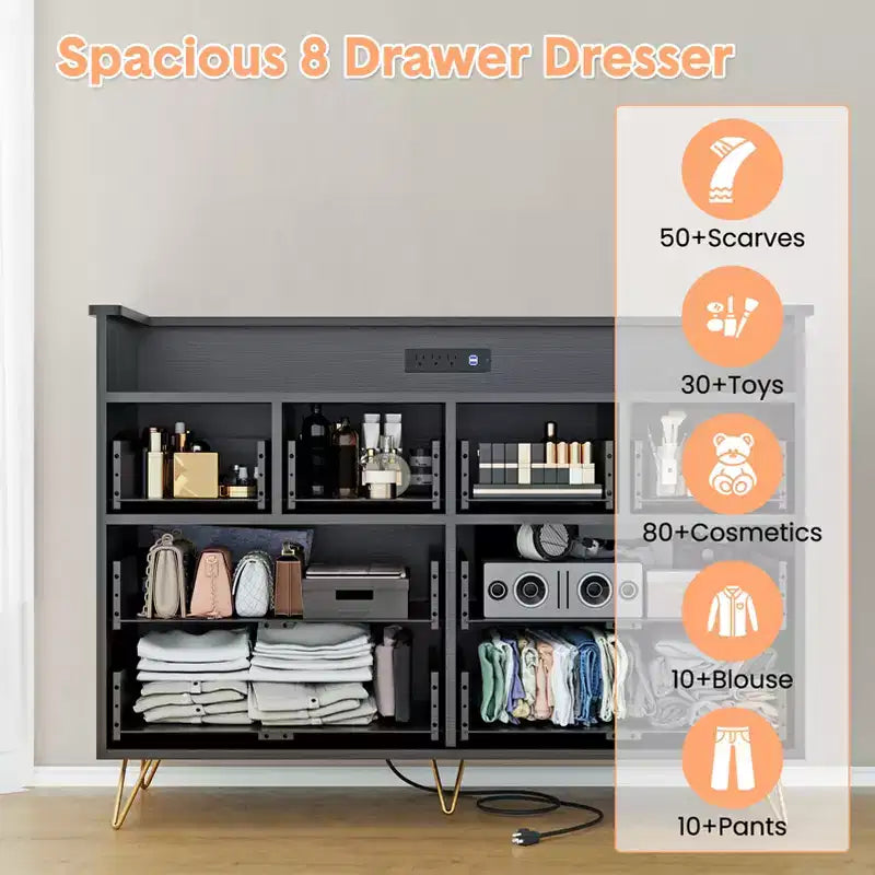 COZONY Dresser TV Stand 8-Drawer Wooden Entertainment Center with LED Light Charging Station Wide Storage for Bedroom Living Room