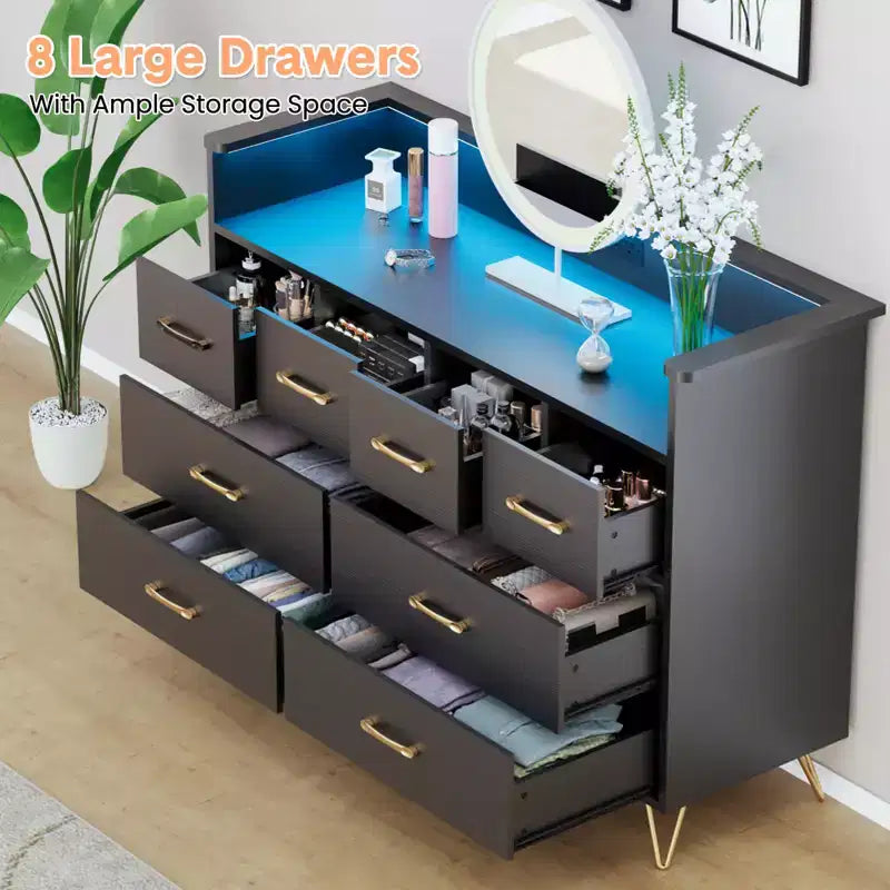 COZONY Dresser TV Stand 8-Drawer Wooden Entertainment Center with LED Light Charging Station Wide Storage for Bedroom Living Room