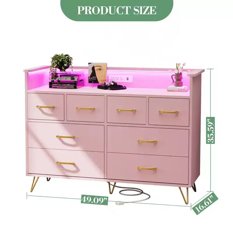 COZONY Dresser TV Stand 8-Drawer Wooden Entertainment Center with LED Light Charging Station Wide Storage for Bedroom Living Room