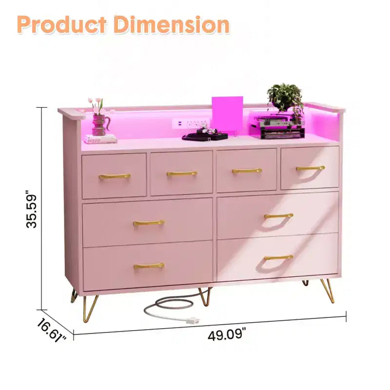 COZONY Dresser TV Stand 8-Drawer Wooden Entertainment Center with LED Light Charging Station Wide Storage for Bedroom Living Room