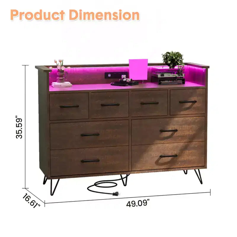 COZONY Dresser TV Stand 8-Drawer Wooden Entertainment Center with LED Light Charging Station Wide Storage for Bedroom Living Room