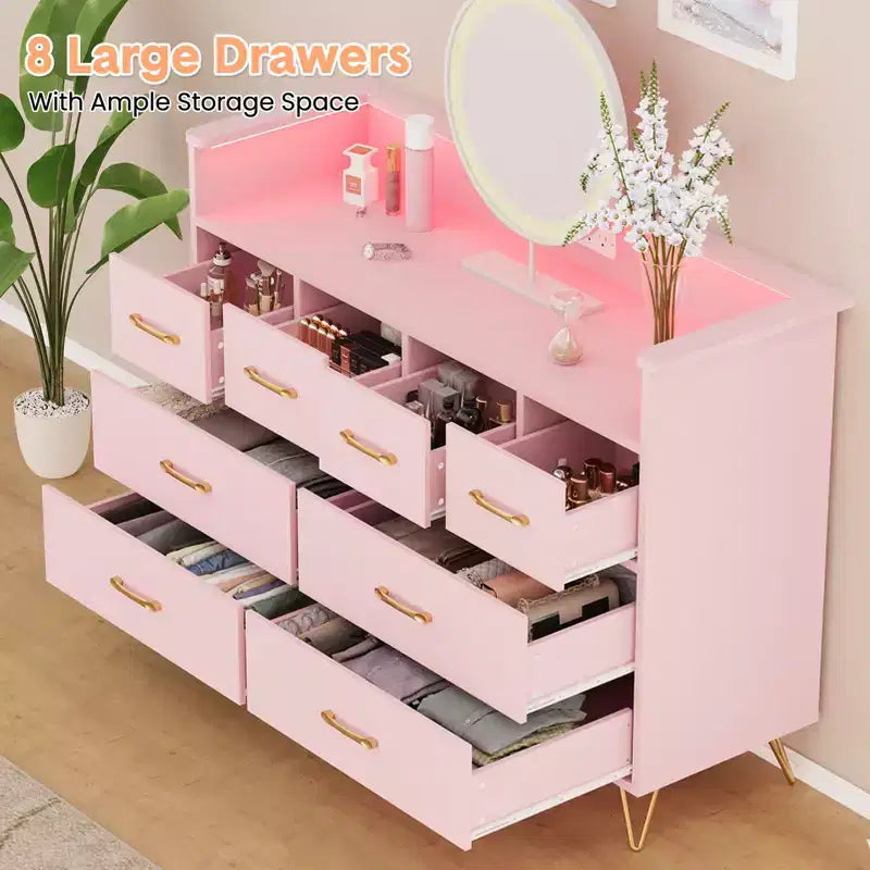 COZONY Dresser TV Stand 8-Drawer Wooden Entertainment Center with LED Light Charging Station Wide Storage for Bedroom Living Room
