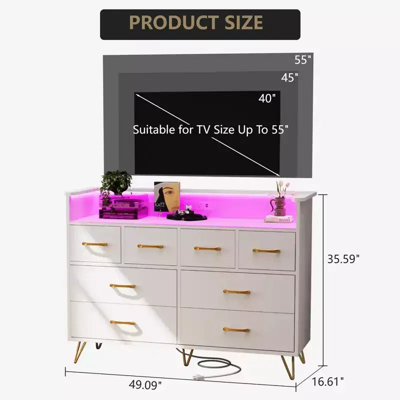 COZONY Dresser TV Stand 8-Drawer Wooden Entertainment Center with LED Light Charging Station Wide Storage for Bedroom Living Room
