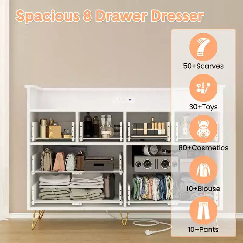 COZONY Dresser TV Stand 8-Drawer Wooden Entertainment Center with LED Light Charging Station Wide Storage for Bedroom Living Room