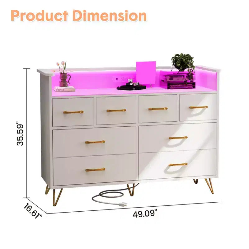 COZONY Dresser TV Stand 8-Drawer Wooden Entertainment Center with LED Light Charging Station Wide Storage for Bedroom Living Room
