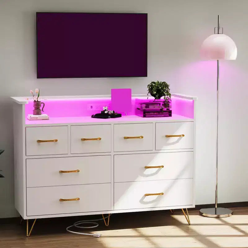 COZONY Dresser TV Stand 8-Drawer Wooden Entertainment Center with LED Light Charging Station Wide Storage for Bedroom Living Room
