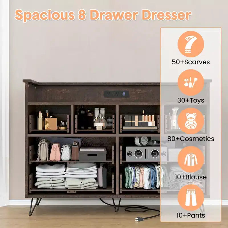 COZONY Dresser TV Stand 8-Drawer Wooden Entertainment Center with LED Light Charging Station Wide Storage for Bedroom Living Room