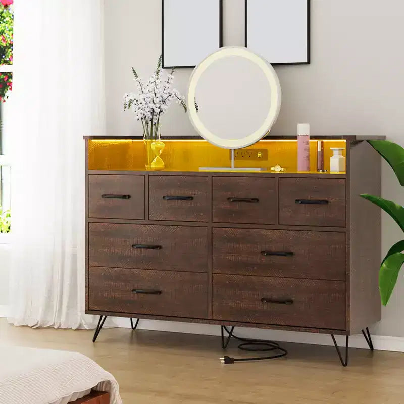COZONY Dresser TV Stand 8-Drawer Wooden Entertainment Center with LED Light Charging Station Wide Storage for Bedroom Living Room