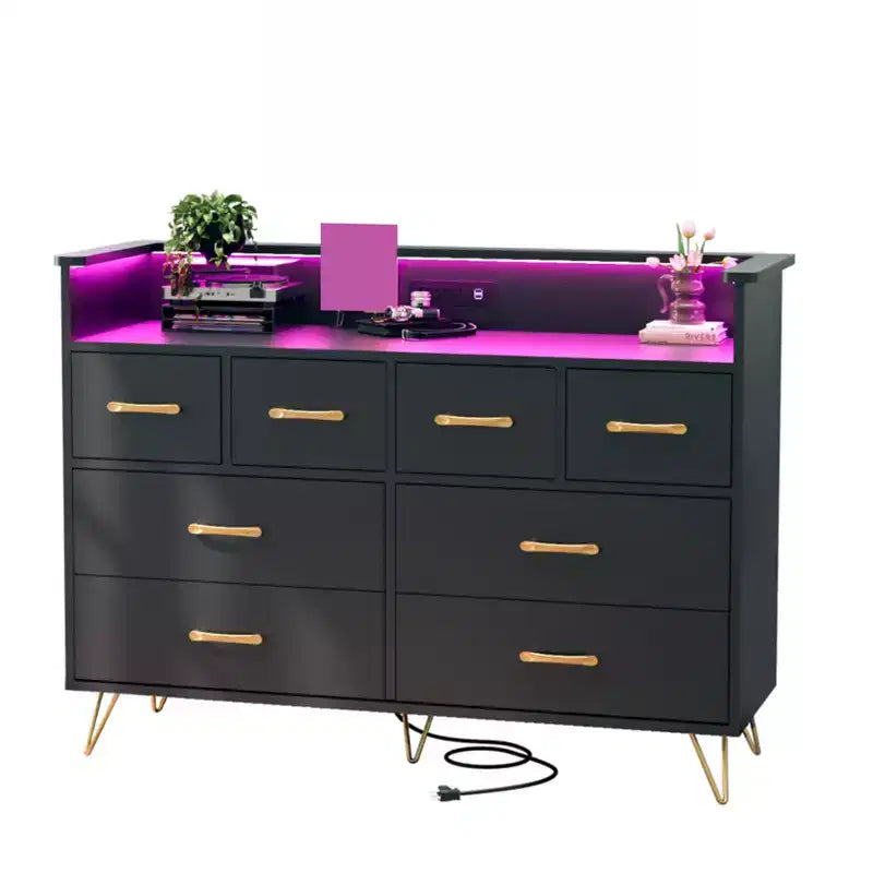 COZONY Dresser TV Stand 8-Drawer Wooden Entertainment Center with LED Light Charging Station Wide Storage for Bedroom Living Room