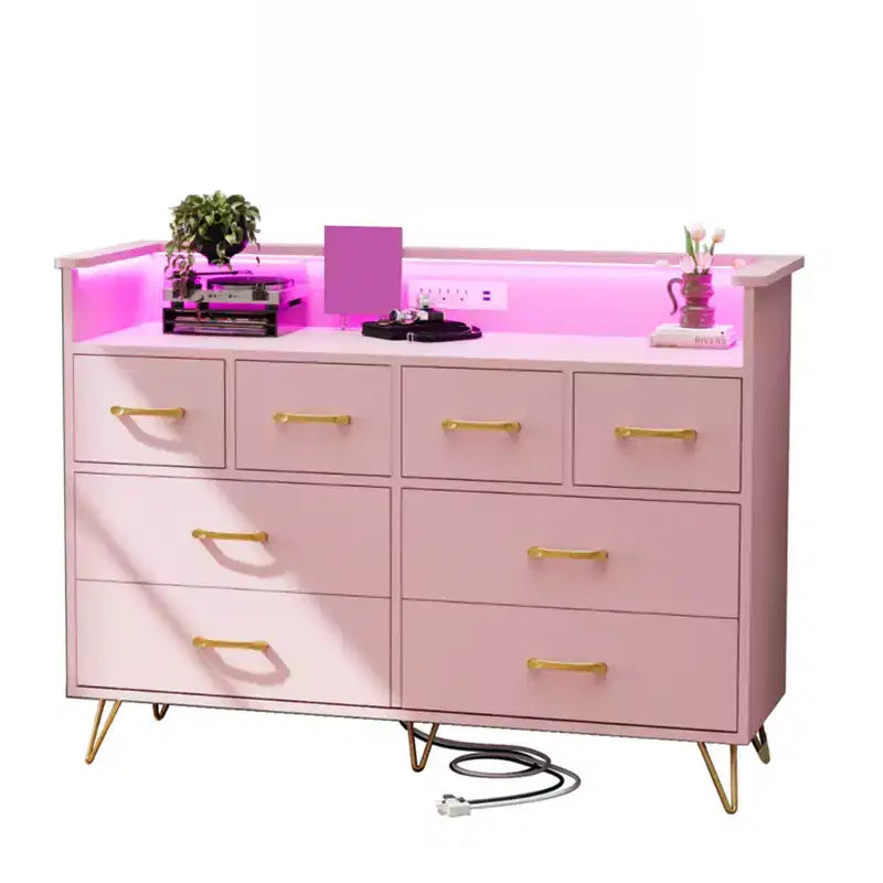 COZONY Dresser TV Stand 8-Drawer Wooden Entertainment Center with LED Light Charging Station Wide Storage for Bedroom Living Room