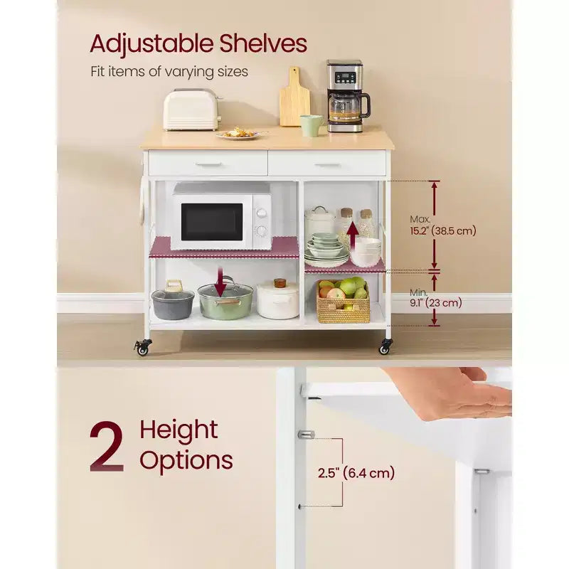Kitchen Rolling Island Cart with 2 Drawers and Adjustable Shelves, 648 lb Capacity Mobile Workstation on Locking Wheels, 43.3 Wide, Beige and White