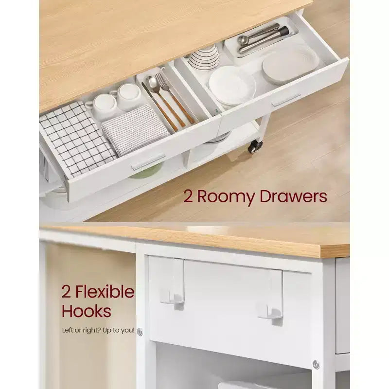 Kitchen Rolling Island Cart with 2 Drawers and Adjustable Shelves, 648 lb Capacity Mobile Workstation on Locking Wheels, 43.3 Wide, Beige and White