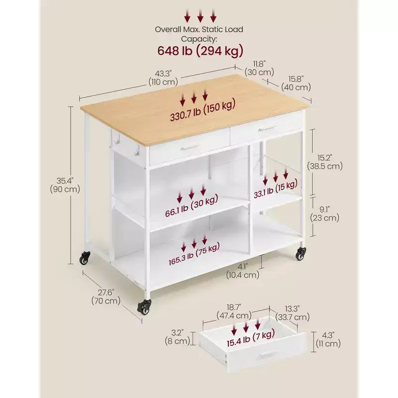 Kitchen Rolling Island Cart with 2 Drawers and Adjustable Shelves, 648 lb Capacity Mobile Workstation on Locking Wheels, 43.3 Wide, Beige and White