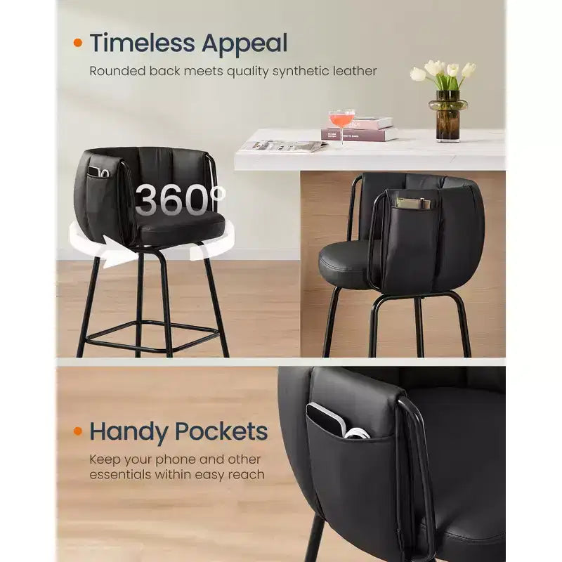 Set of 2 Upholstered Bar Stools with 360 Swivel Seat & Storage Pockets, Curved Back and Footrest, 265 lb Capacity Counter Height Stools, Ink Black