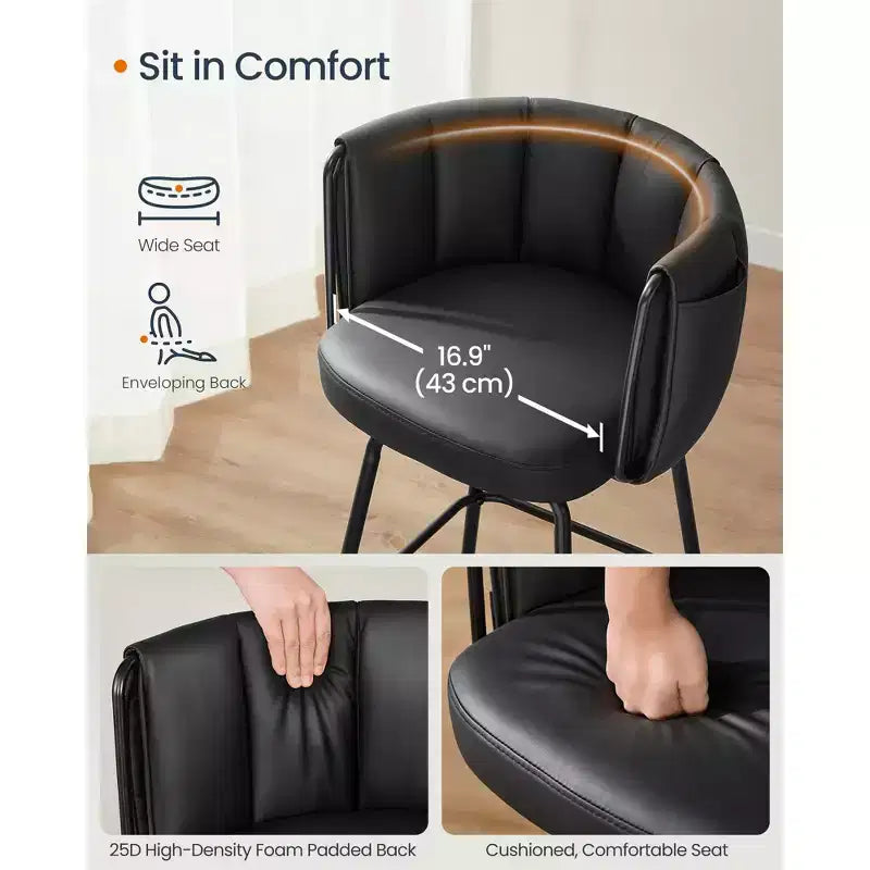 Set of 2 Upholstered Bar Stools with 360 Swivel Seat & Storage Pockets, Curved Back and Footrest, 265 lb Capacity Counter Height Stools, Ink Black