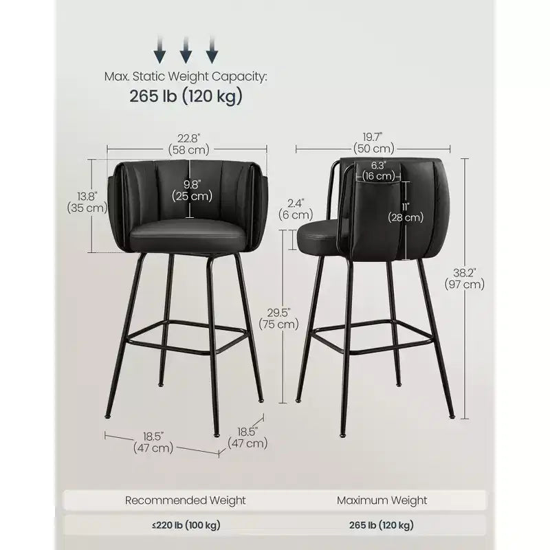 Set of 2 Upholstered Bar Stools with 360 Swivel Seat & Storage Pockets, Curved Back and Footrest, 265 lb Capacity Counter Height Stools, Ink Black