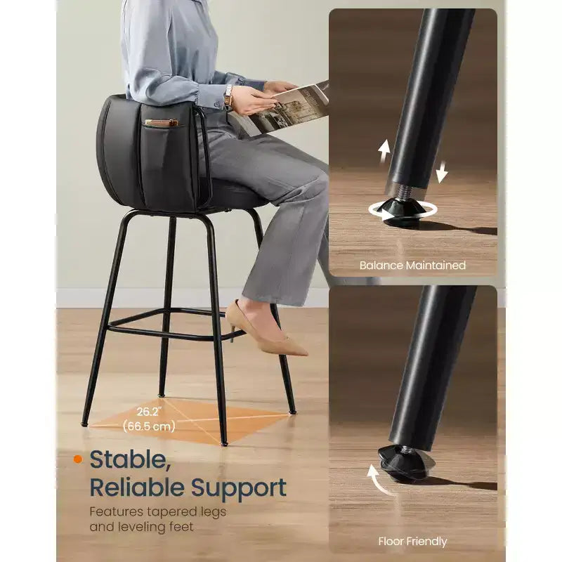 Set of 2 Upholstered Bar Stools with 360 Swivel Seat & Storage Pockets, Curved Back and Footrest, 265 lb Capacity Counter Height Stools, Ink Black