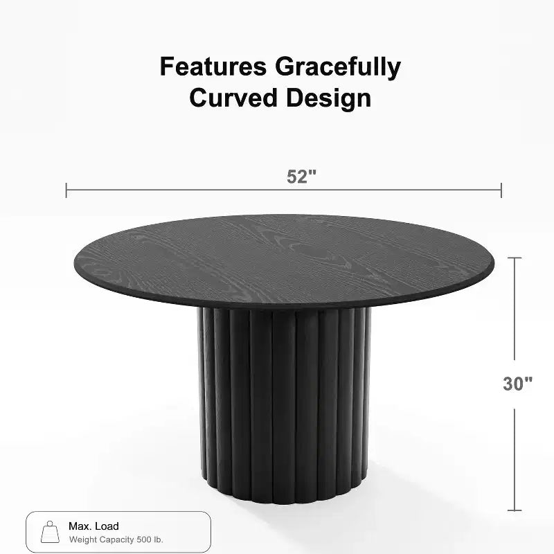 PexFix 52 Wood Round Dining Table Kitchen Table for 4-6 with Arc-Shaped Edge Top & Textured Pedestal for Living/Dining Room Coffee Office Black
