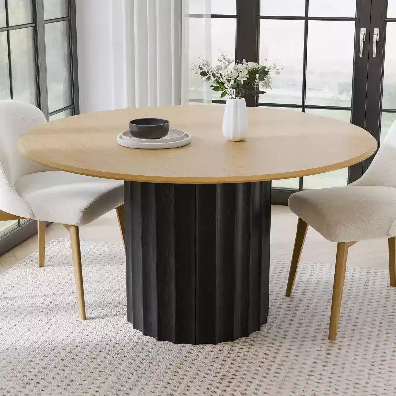 PexFix 52 Wood Round Dining Table Kitchen Table for 4-6 with Arc-Shaped Edge Top & Fluted Pedestal for Living/Dining Room Coffee Office Natural