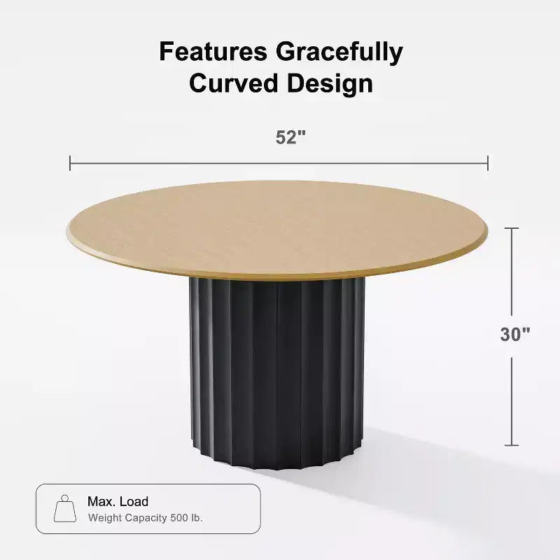 PexFix 52 Wood Round Dining Table Kitchen Table for 4-6 with Arc-Shaped Edge Top & Fluted Pedestal for Living/Dining Room Coffee Office Natural