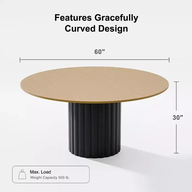 PexFix 60 Solid Wood Round Dining Table Kitchen Table for 6-8 with Tabletop & Textured Cylindrical Base for Living/Dining Room Coffee Office Natural