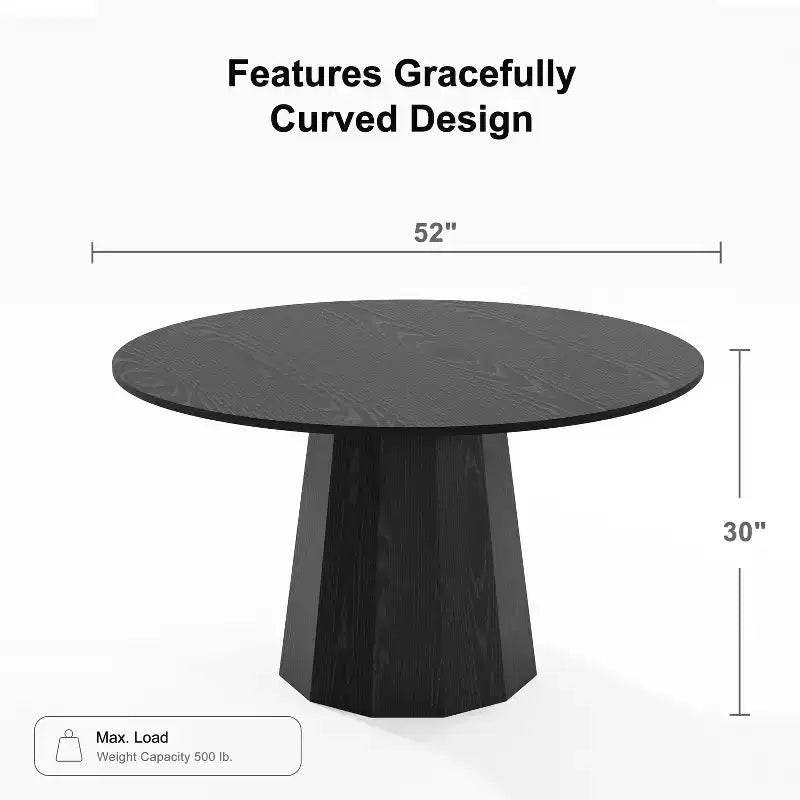 PexFix 52 in.H Solid Wood Round Dining Table Kitchen Table for 4-6 with Tabletop and Tapered Base for Living/Dining Room Coffee Office in Black