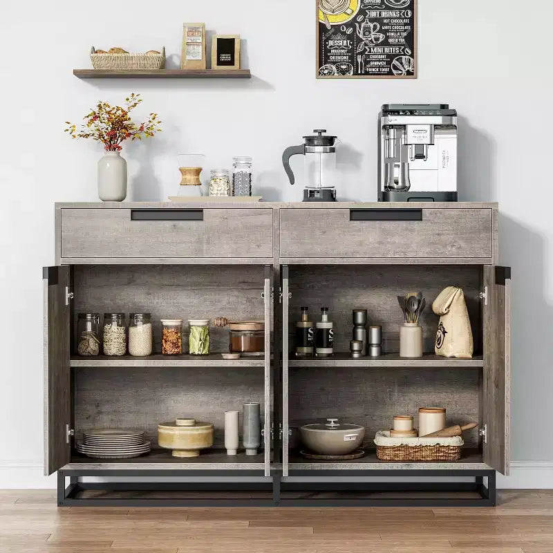 55 Modern Sideboard Buffet - Kitchen Storage Cabinet with 2 Drawers & 4 Doors for Dining Room