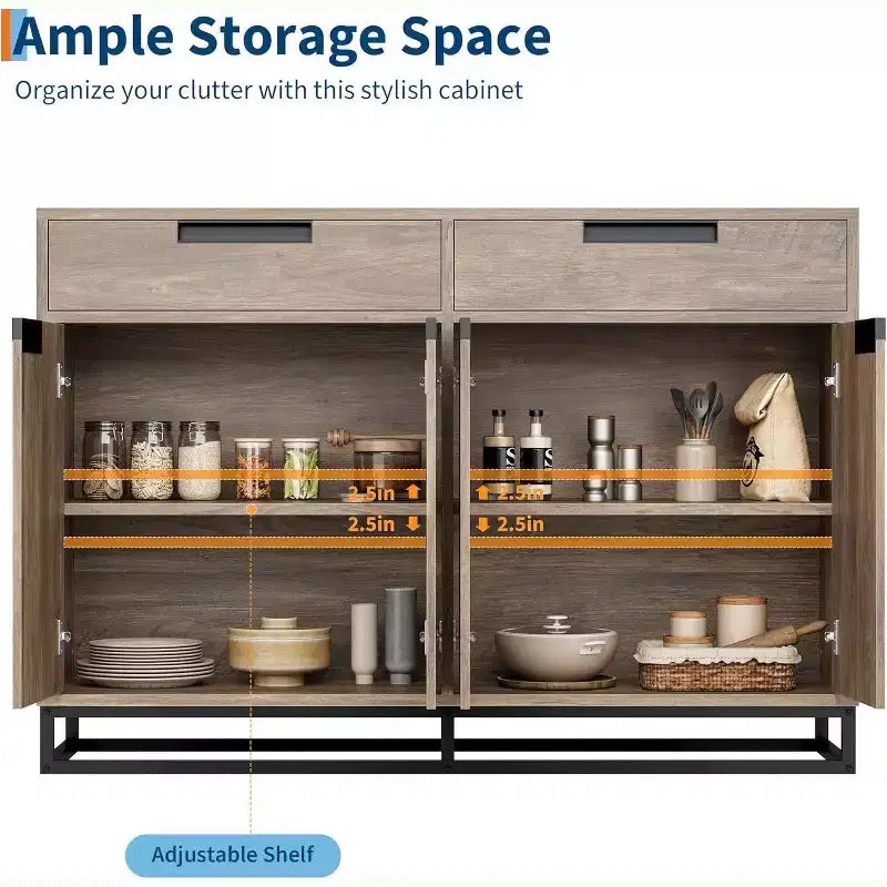 55 Modern Sideboard Buffet - Kitchen Storage Cabinet with 2 Drawers & 4 Doors for Dining Room