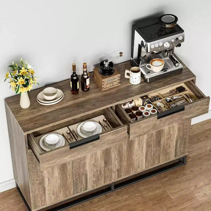 55 Modern Sideboard Buffet - Kitchen Storage Cabinet with 2 Drawers & 4 Doors for Dining Room
