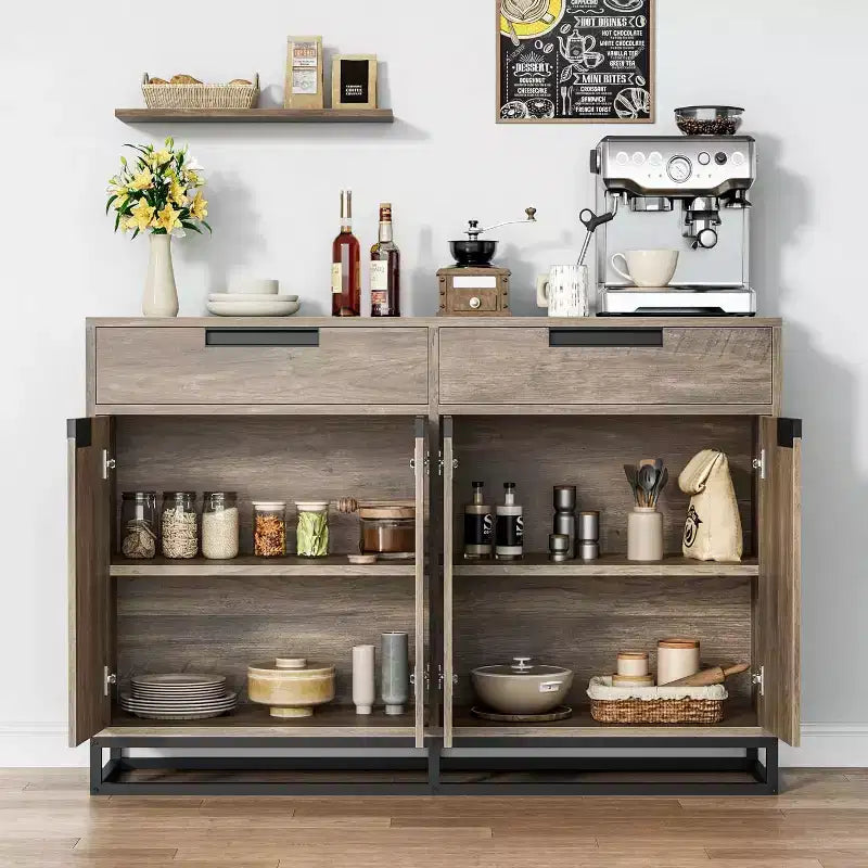 55 Modern Sideboard Buffet - Kitchen Storage Cabinet with 2 Drawers & 4 Doors for Dining Room