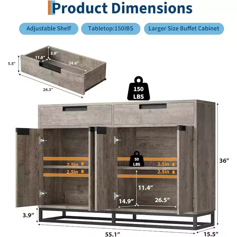 55 Modern Sideboard Buffet - Kitchen Storage Cabinet with 2 Drawers & 4 Doors for Dining Room