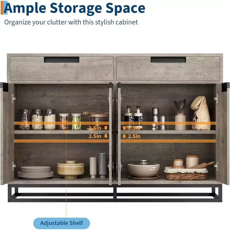 55 Modern Sideboard Buffet - Kitchen Storage Cabinet with 2 Drawers & 4 Doors for Dining Room