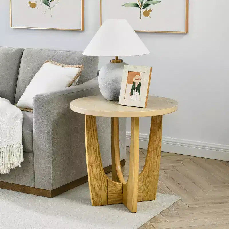 25-Inch Round End Table with Cross-Leg Design, Mid-Century Modern Wooden Side Table for Living Room, Reception, or Bedroom