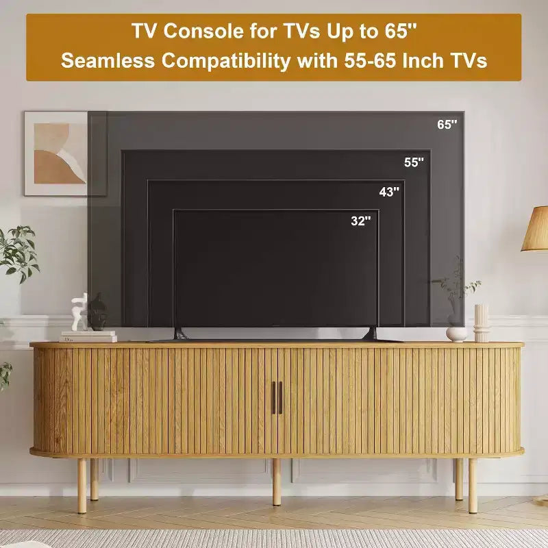 70 TV Stand with Sliding Doors and Storage For 80 Inch TVs, Wooden Media Console , Modern Entertainment Center for Living Room