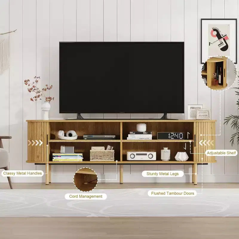 70 TV Stand with Sliding Doors and Storage For 80 Inch TVs, Wooden Media Console , Modern Entertainment Center for Living Room