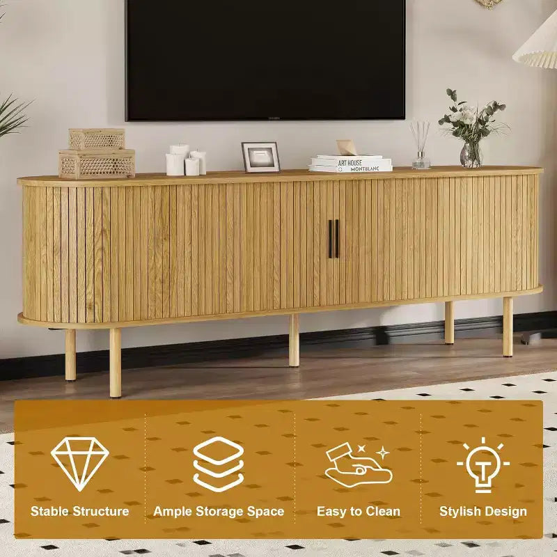 70 TV Stand with Sliding Doors and Storage For 80 Inch TVs, Wooden Media Console , Modern Entertainment Center for Living Room