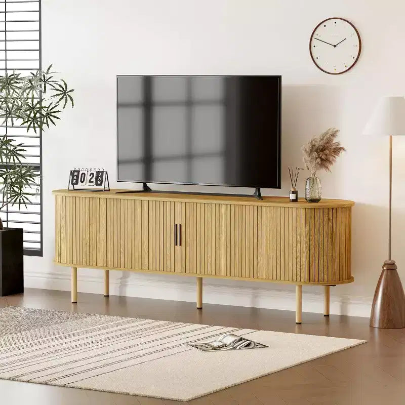 70 TV Stand with Sliding Doors and Storage For 80 Inch TVs, Wooden Media Console , Modern Entertainment Center for Living Room