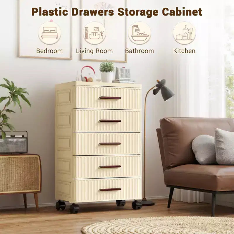 Multifunctional 4-5 Drawer Dresser Snack Children's Toys Books Clothes Storage Cabinet Cream Color for Bedside Table Living Room