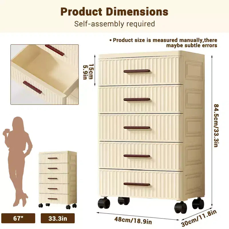 Multifunctional 4-5 Drawer Dresser Snack Children's Toys Books Clothes Storage Cabinet Cream Color for Bedside Table Living Room