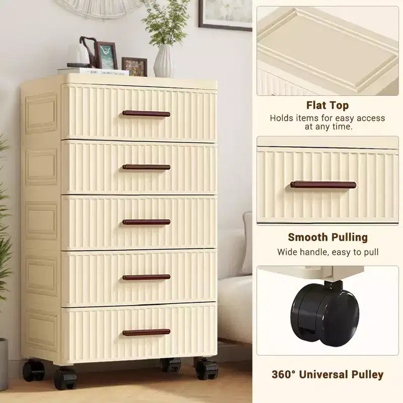 Multifunctional 4-5 Drawer Dresser Snack Children's Toys Books Clothes Storage Cabinet Cream Color for Bedside Table Living Room