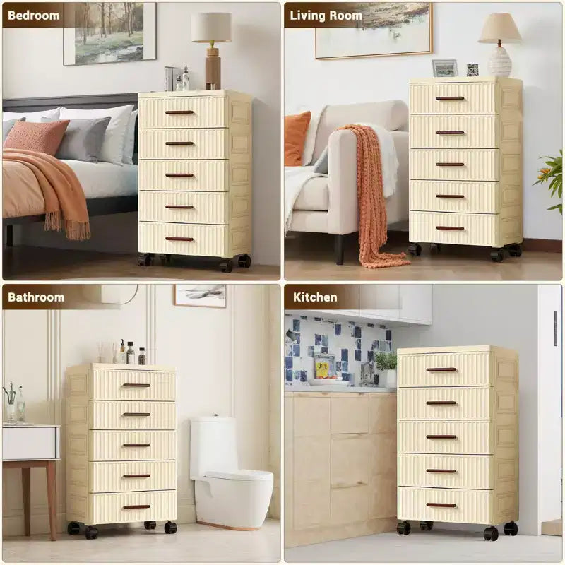 Multifunctional 4-5 Drawer Dresser Snack Children's Toys Books Clothes Storage Cabinet Cream Color for Bedside Table Living Room