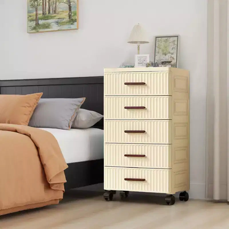 Multifunctional 4-5 Drawer Dresser Snack Children's Toys Books Clothes Storage Cabinet Cream Color for Bedside Table Living Room