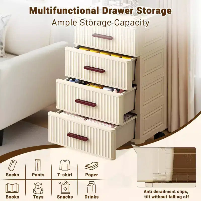 Multifunctional 4-5 Drawer Dresser Snack Children's Toys Books Clothes Storage Cabinet Cream Color for Bedside Table Living Room