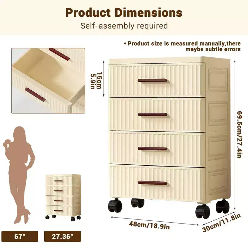 Multifunctional 4-5 Drawer Dresser Snack Children's Toys Books Clothes Storage Cabinet Cream Color for Bedside Table Living Room