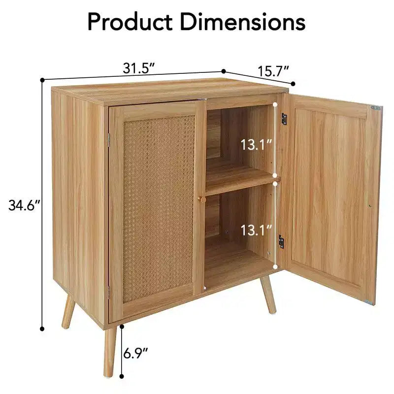 Rattan Buffet Cabinet with Storage, Farmhouse Sideboard with Adjustable Shelves & Wood Feet