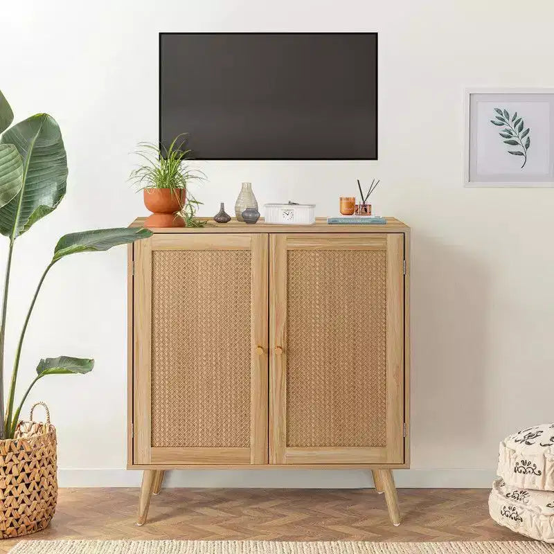 Rattan Buffet Cabinet with Storage, Farmhouse Sideboard with Adjustable Shelves & Wood Feet