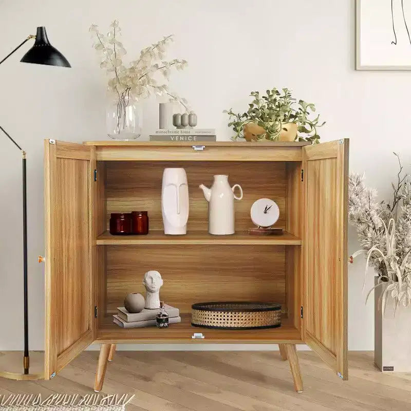 Rattan Buffet Cabinet with Storage, Farmhouse Sideboard with Adjustable Shelves & Wood Feet