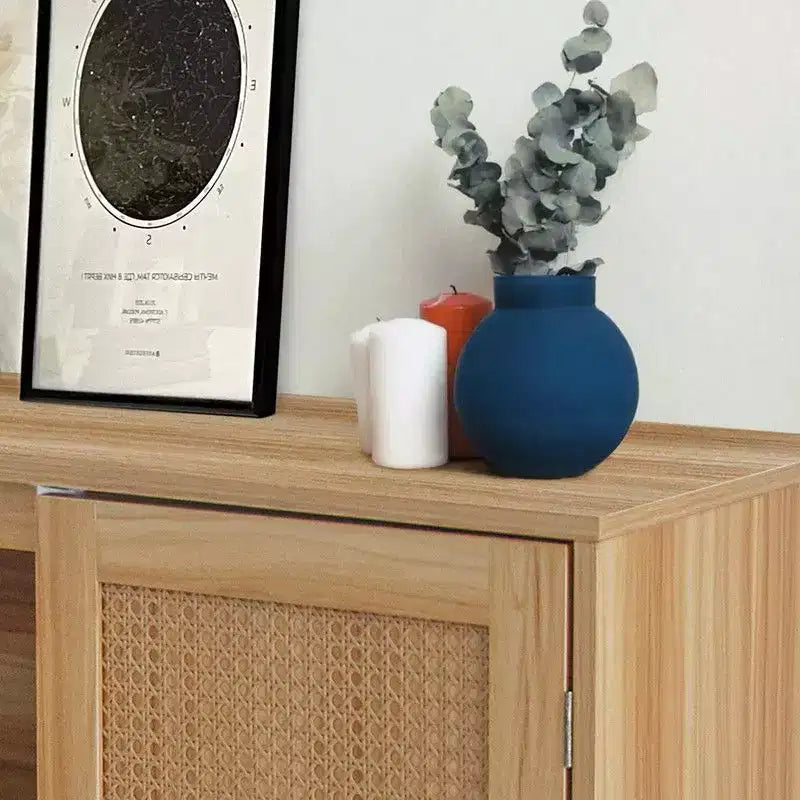 Rattan Buffet Cabinet with Storage, Farmhouse Sideboard with Adjustable Shelves & Wood Feet