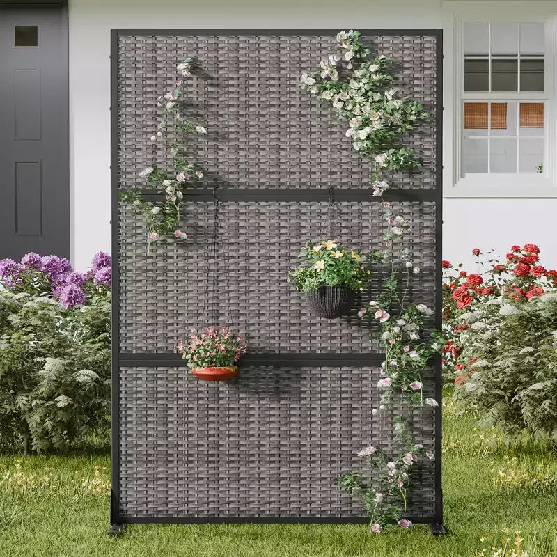 MAYEERTY Rattan Woven Cross Pattern Black Screen Outdoor and Indoor Divider with Free Standing Decorative Privacy Screen for Balcony